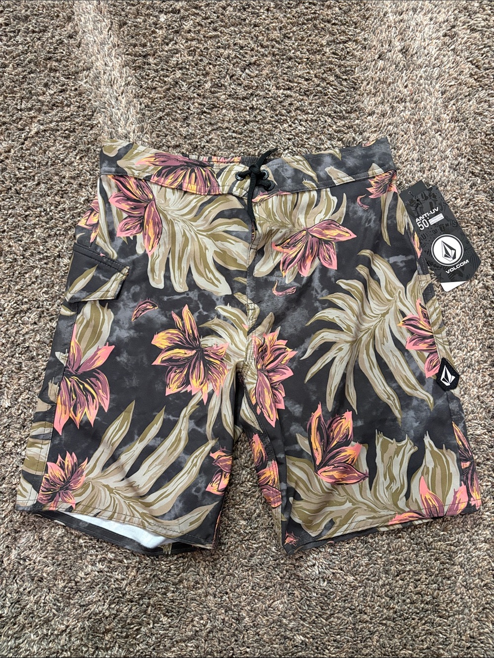 Volcom Boy’s Black Floral Board Shorts with Pink and Olive Accents